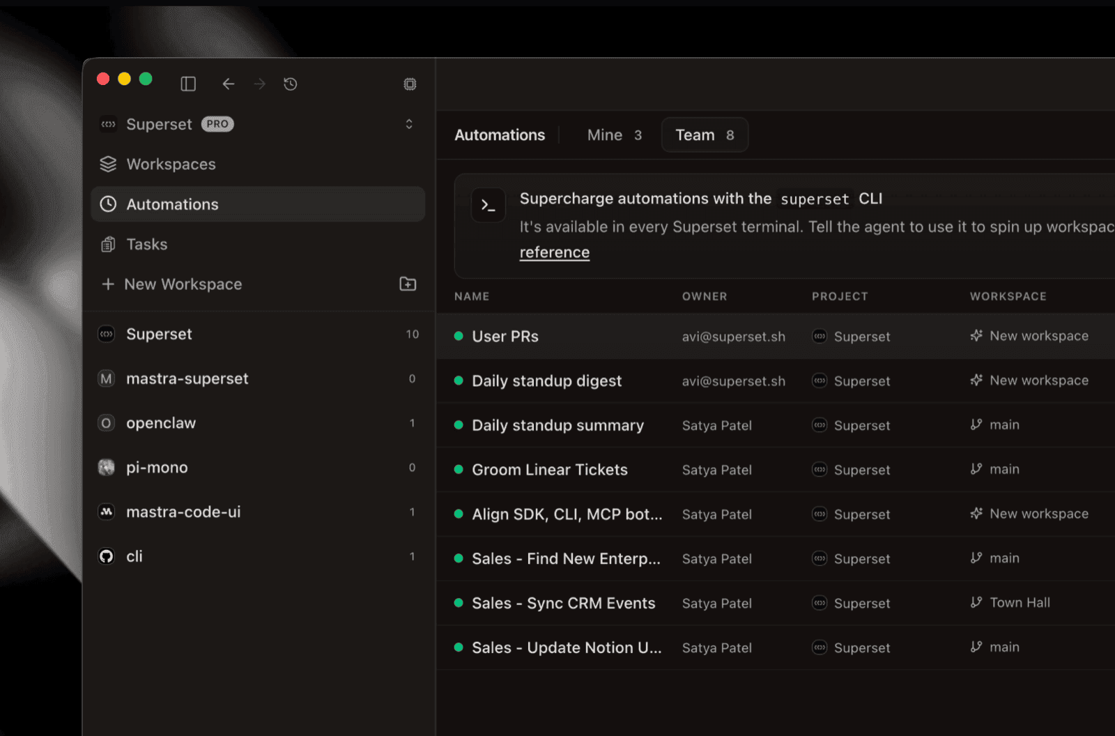 The Automations list
