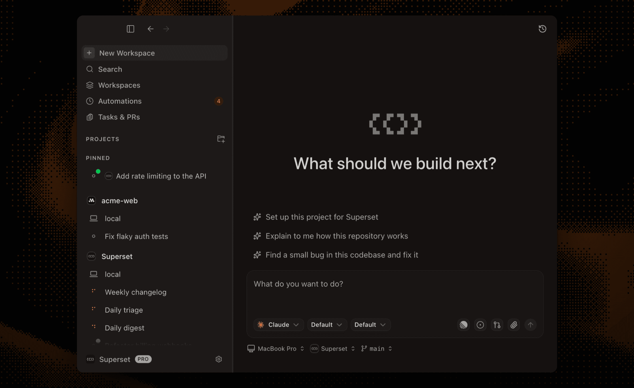 The Superset home screen: describe a task, pick an agent, go