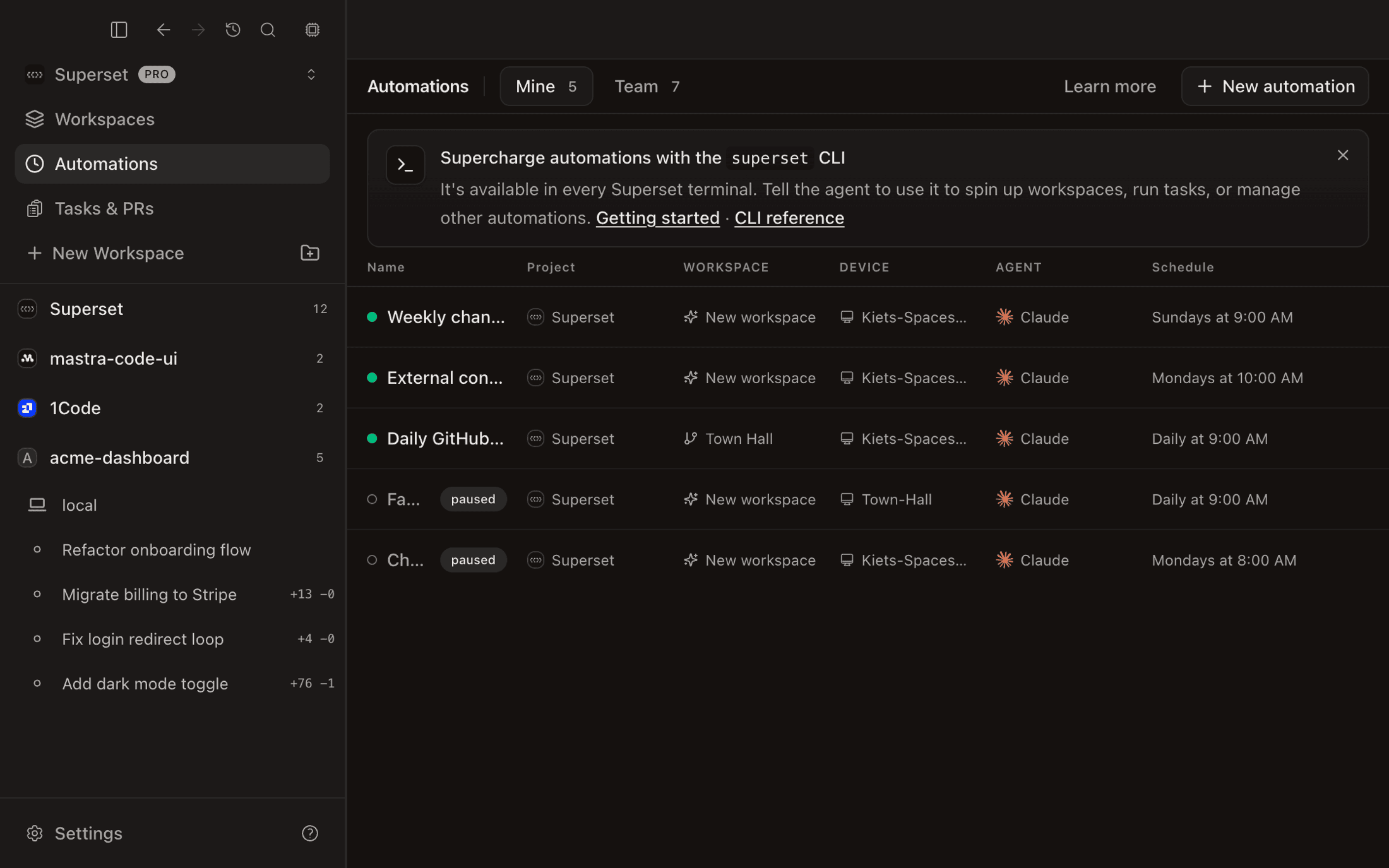 The Automations list with scheduled agent sessions
