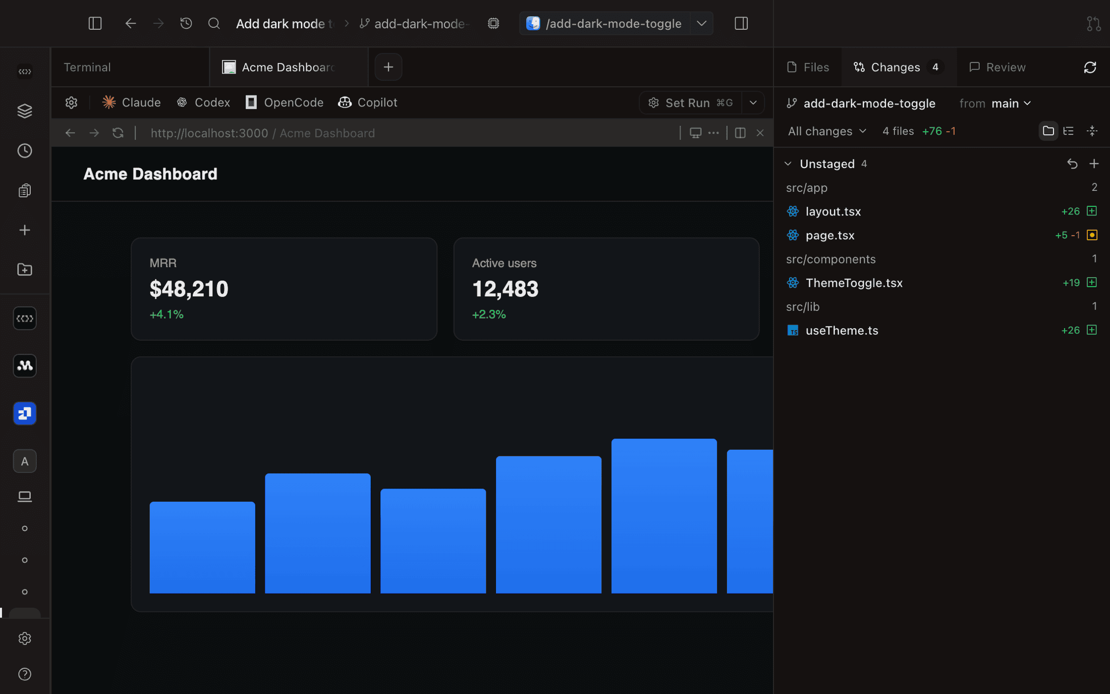 The in-app browser previewing a dev server