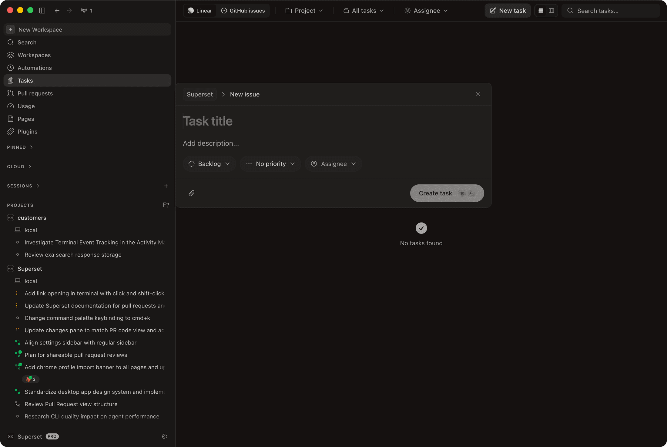 Creating a task from the desktop