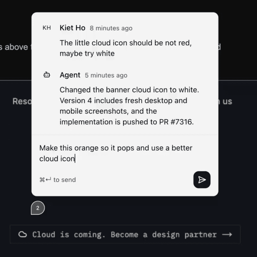 A pinned comment asking for a white cloud icon, the agent's reply confirming the update in version 4, and a follow-up being drafted