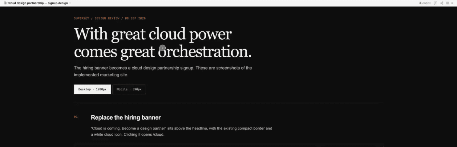 A Superset Page presenting a cloud signup design review, with a comment pinned to the headline