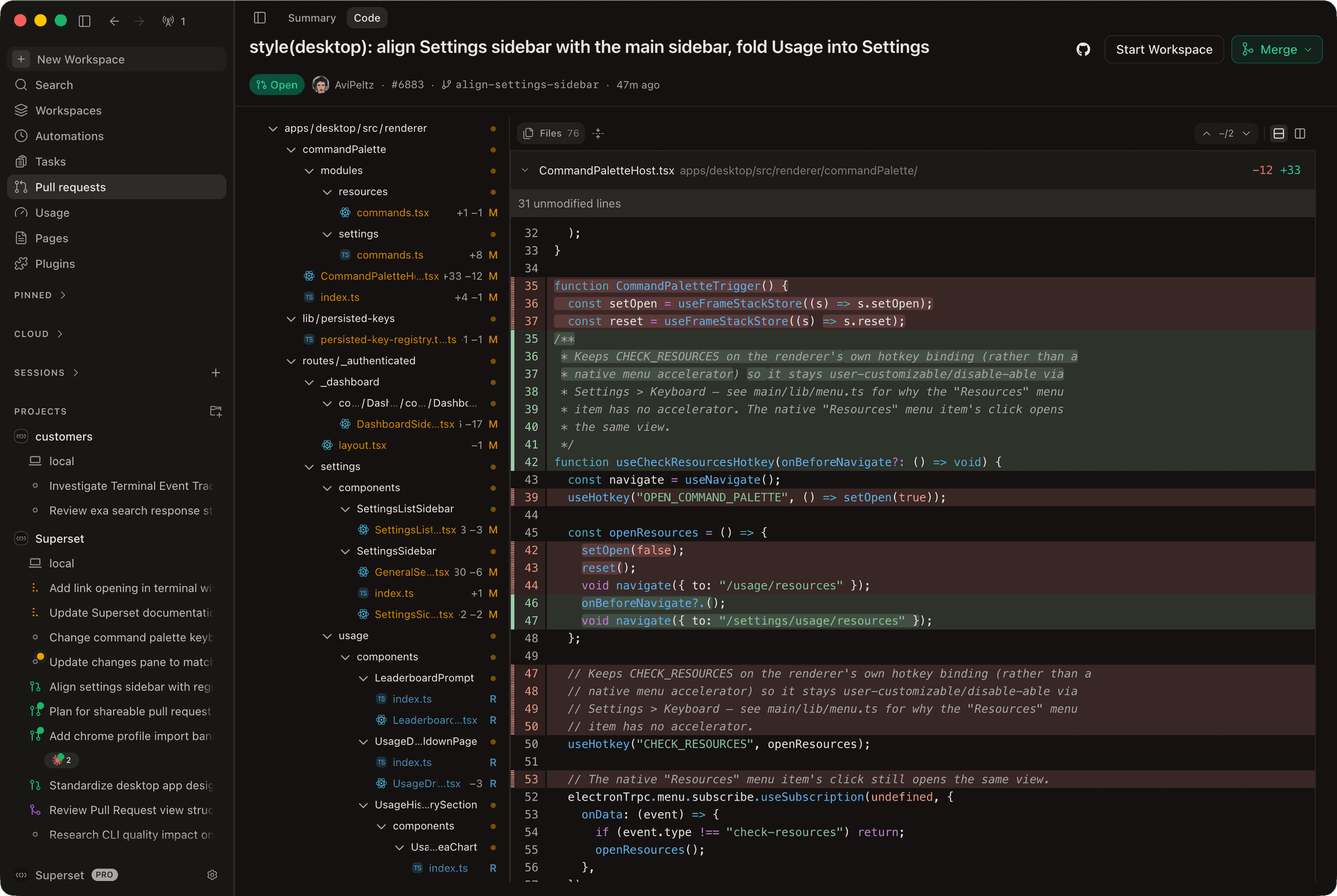 The Code tab: file tree plus syntax-highlighted diffs