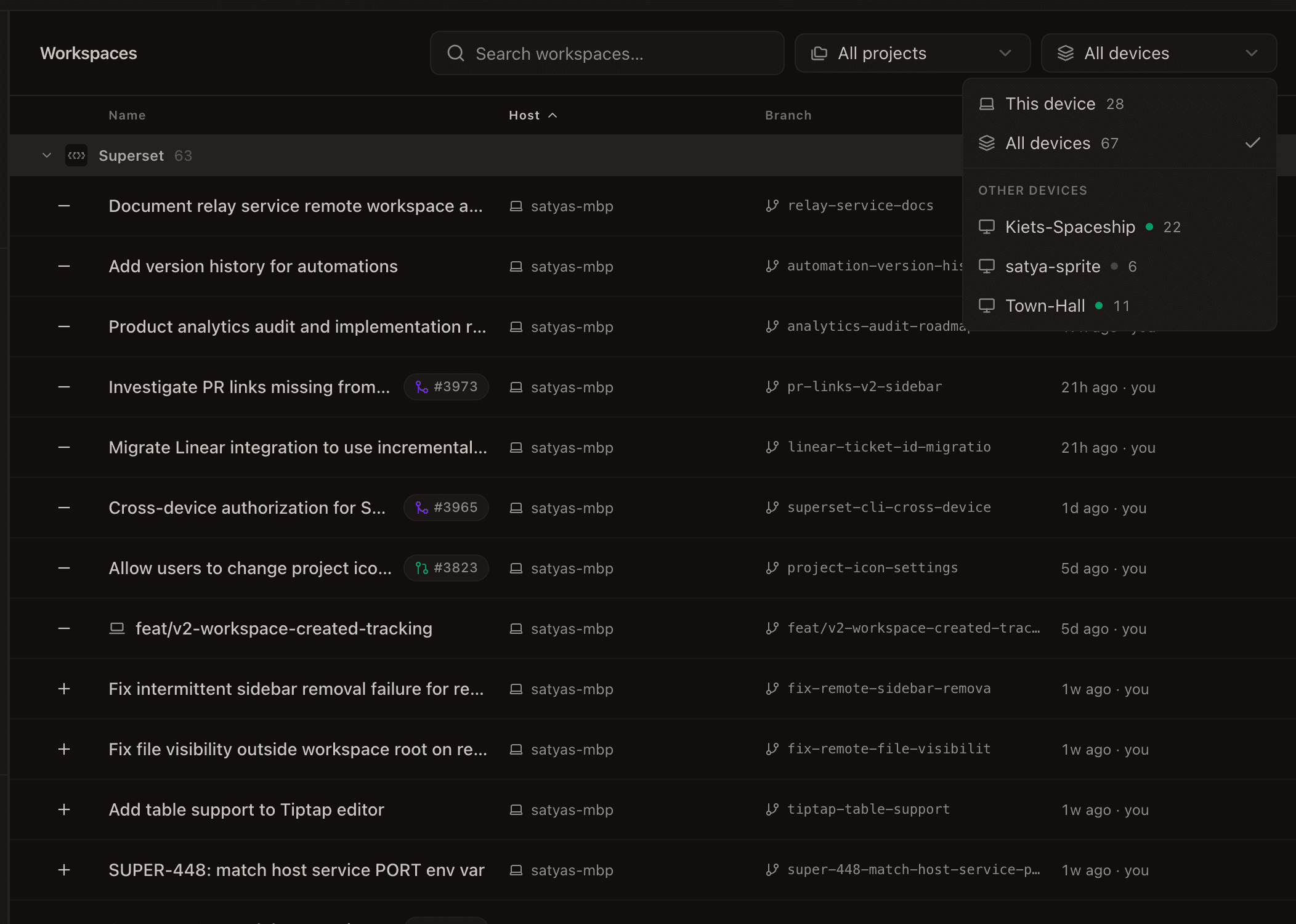 Device filter in the workspaces list