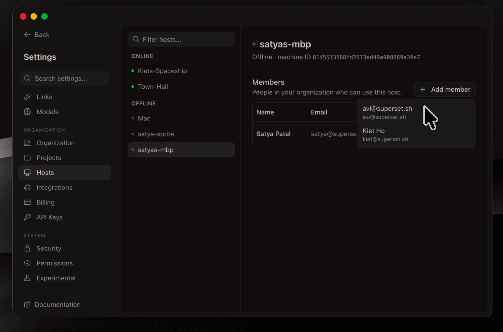 Settings → Hosts members table