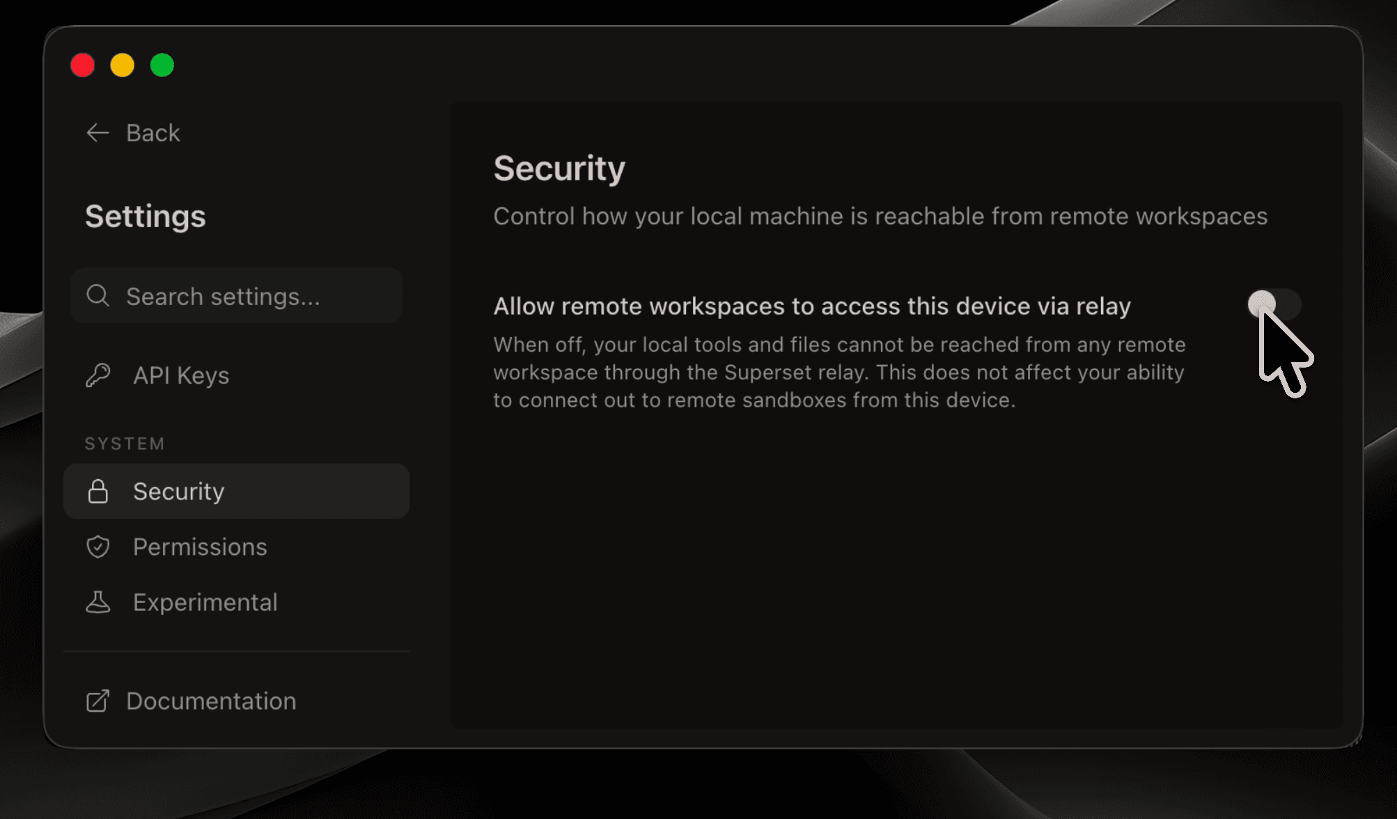 Settings → Remote Access relay toggle