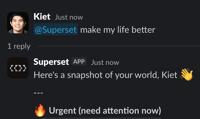 The Superset Slack bot spinning up a workspace and reporting back in-thread