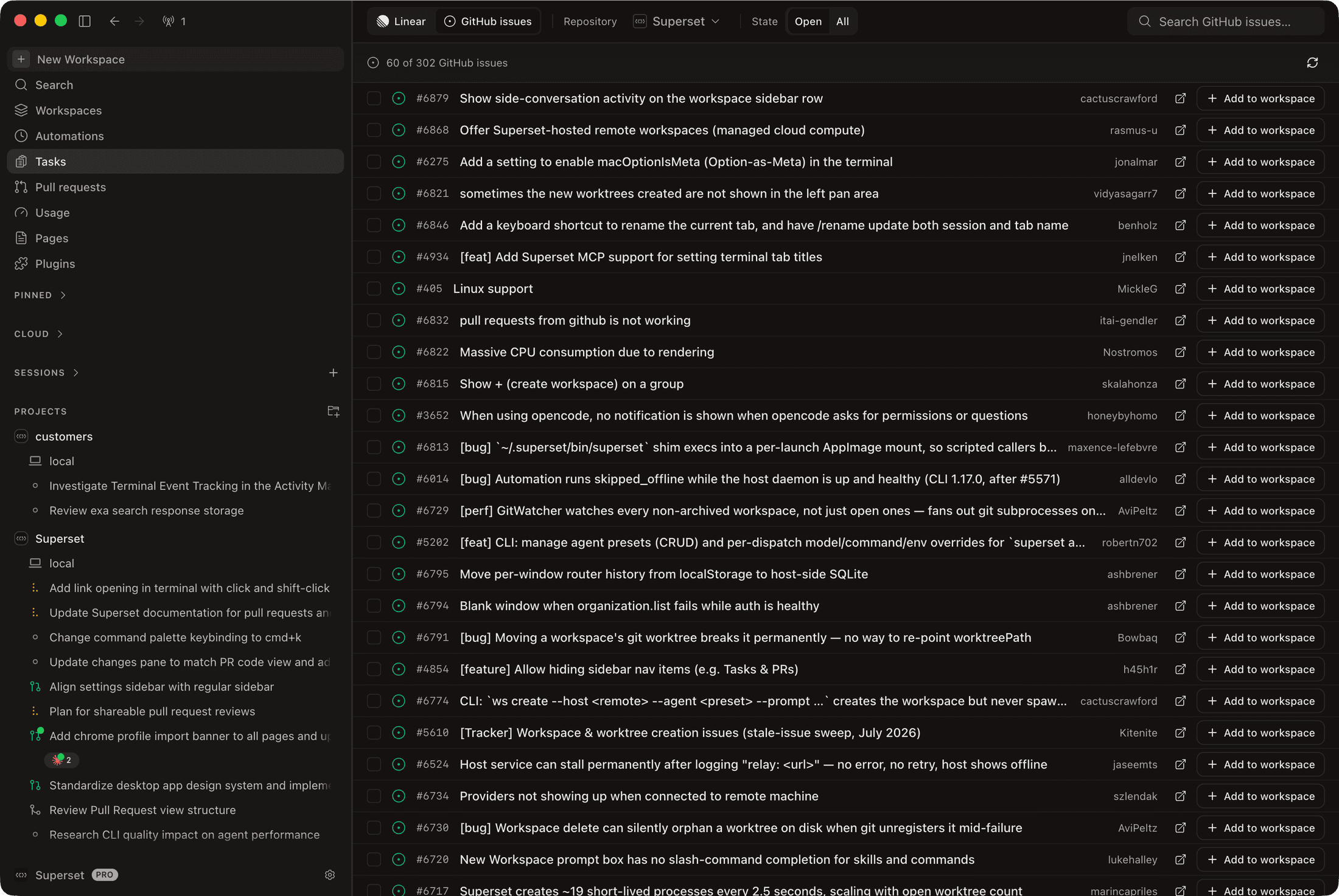 The Tasks view on the GitHub issues source, with per-row Add to workspace actions