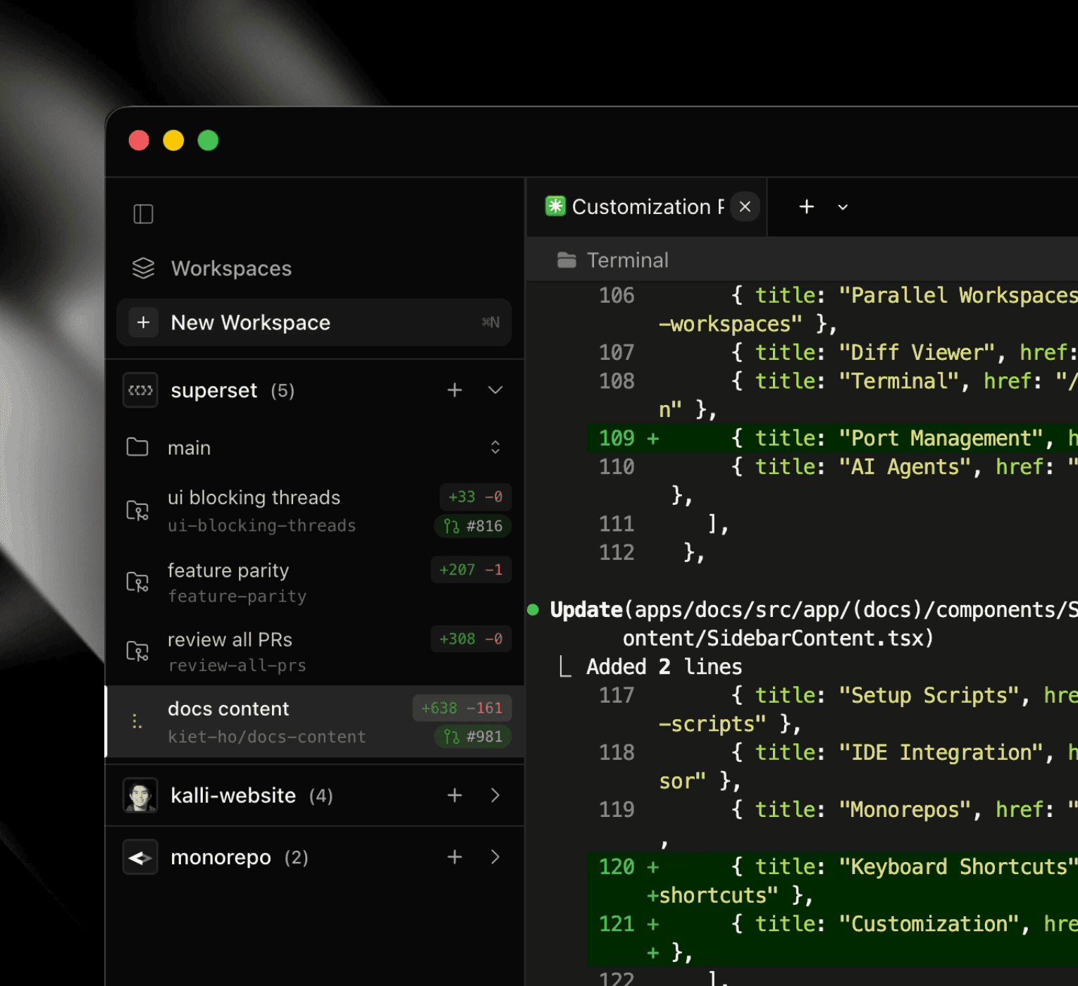 Workspaces in the sidebar, each with its own branch and diff stats