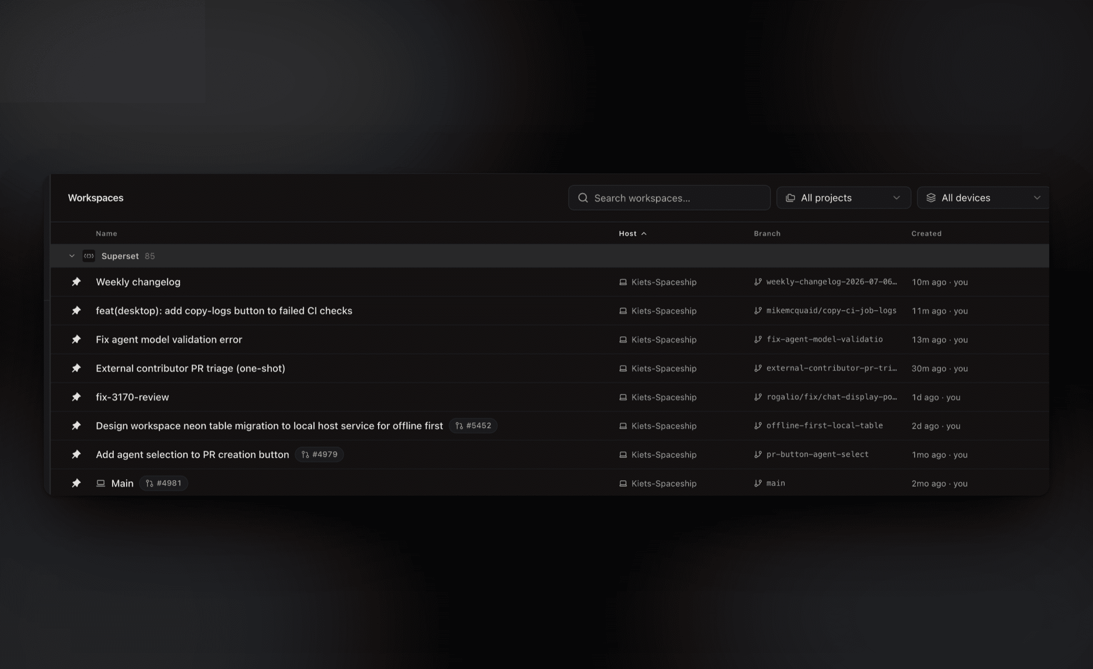 Every workstream is a workspace with its own branch